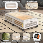 Bamboo Underbed Storage Containers with Wheels & Bag 2 Pack, Large Under Bed Rolling Storage Bins Wood Under Bed Clothes Stor