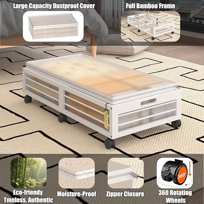 Bamboo Underbed Storage Containers with Wheels & Bag 2 Pack, Large Under Bed Rolling Storage Bins Wood Under Bed Clothes Stor