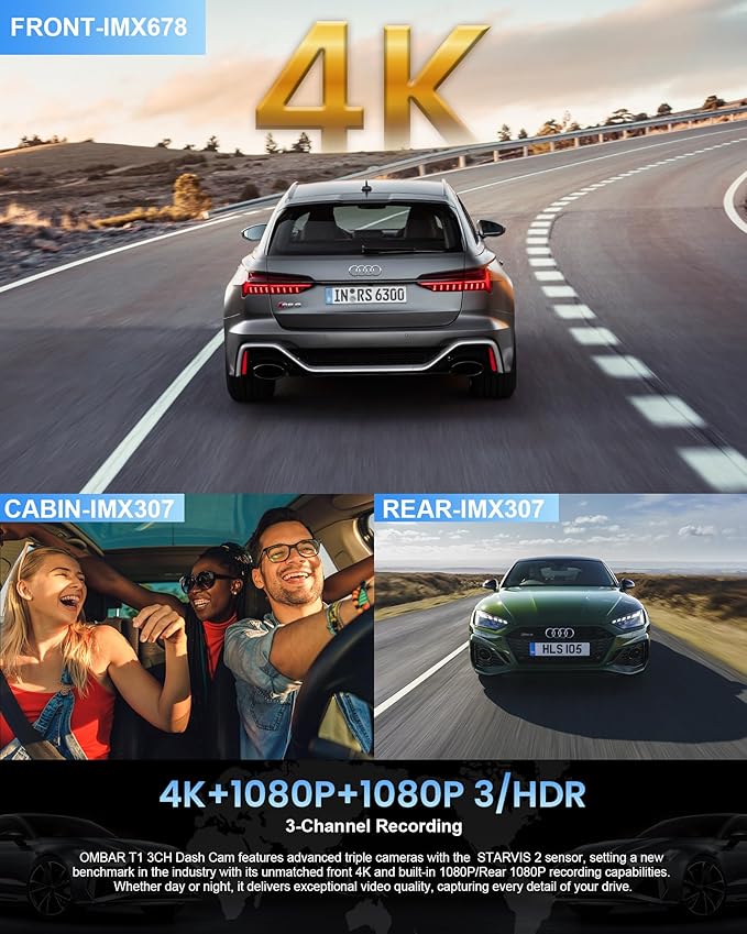 OMBAR T1 4K 3 Channel Dash Cam, STARVIS 2 IMX678 Sensors, Free 128GB Card, 2025 New Full Color HDR Night Vision, 4K+1080P+108