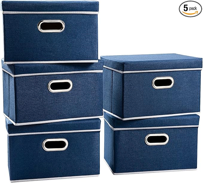 PRANDOM Foldable Storage Bin with Lid [5-Pack] Linen Fabric Decorative Storage Box Organizer Container Basket Cube with Handl