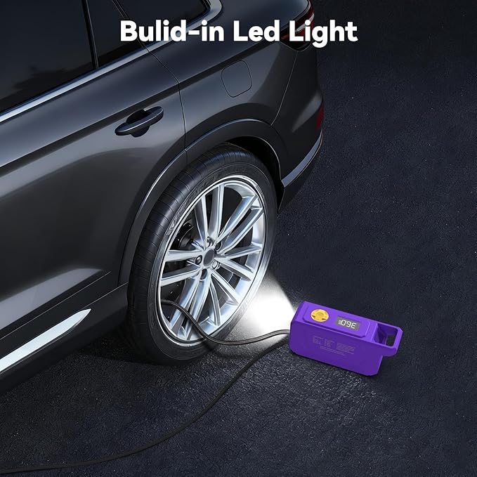 150 PSI Tire Inflator Portable Air Compressor, 12V DC Auto Shutoff Air Pump with Digital Pressure Gauge and Emergency LED Light for Car Tires, Bicycle & Balloons, Purple