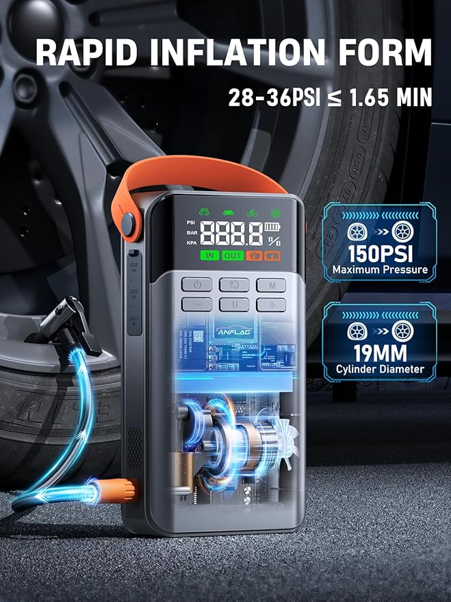 8-in-1 Car Jump Starter with Air Compressor - 5500A Peak, 150PSI Tire Inflator, 12V Portable Power Bank, LCD Display, and