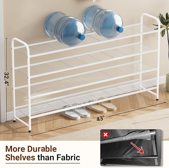 KEETDY 4-Tier Long Shoe Rack for Closet Floor, Wide Shoe Organizer Storage, Stackable Shoe Rack for Entryway Metal Shoe Shelf