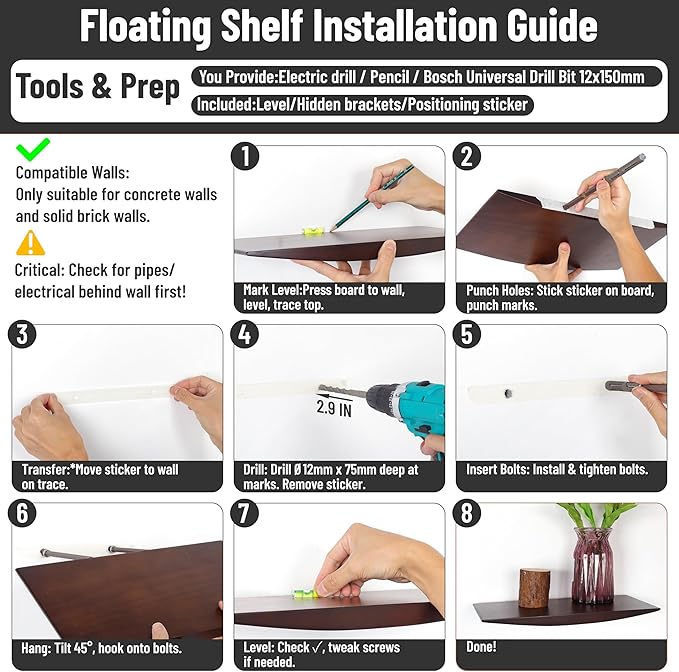 Floating Shelves for Concrete Wall: Solid Wood Shelf 15.75 and 23.6 inch with Heavy Duty Hidden Bracket for Display Books Pla