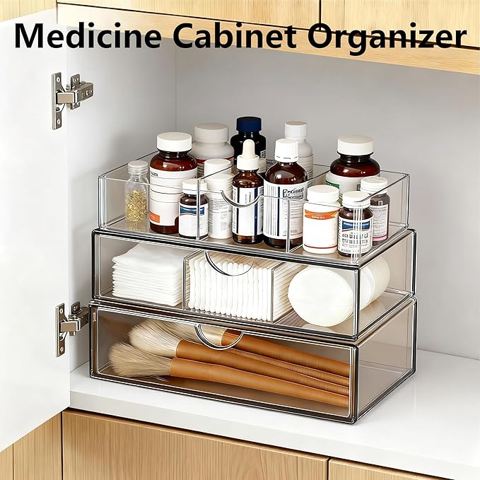 Medicine Cabinet Organizer with Removable Dividers, 3-Tier Stackable Drawer Storage for Bathroom, RV, Vanity, Countertop & De