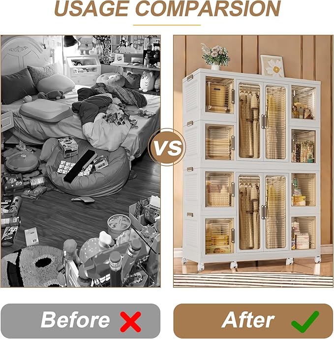 Portable Wardrobe Closet Storage Organizer for Clothes, Plastic Collapsible Closet Organizer with Magnetic Transparent Door, 