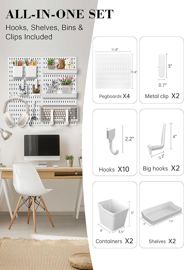 Pegboard Wall Organizer Set – 4 Peg Boards with Hooks & Shelves – Office, Kitchen, Gaming Room Desk Pegboard Storage – Peg Bo