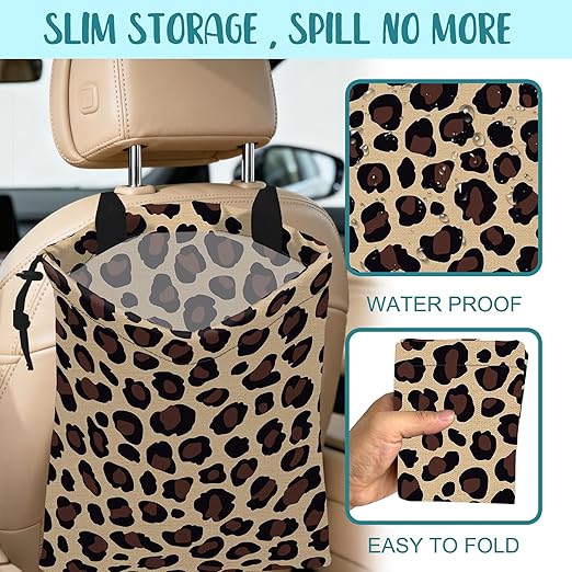 Car Trash Bag Abstract Brown Leopard Leak-Proof Car Garbage Bag with Drawstring Foldable Canvas Trash Bin with Adjustable Buckle for Car Accessories, Travelling, Camping