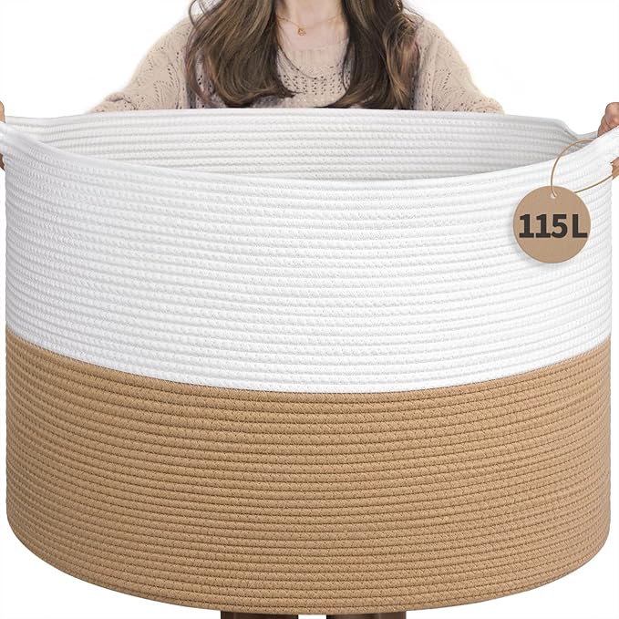 INDRESSME 115L Extra Large Jute Rope Basket, Blanket Basket Home Decor Baby Laundry Baskets for Toys Storage Bedroom, Living 