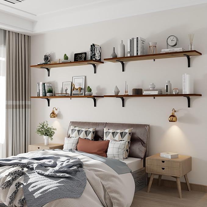12 Inch Deep Floating Shelves Set of 4, 48 Inch Extra Wide Walnut Solid Wood Wall Shelves, 4ft Heavy Duty Farmhouse Wall Moun