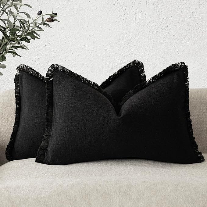 Foindtower Set of 2 Decorative Linen Fringe Lumbar Throw Pillow Covers Boho Farmhouse Cushion Cover with Tassels Soft Accent 