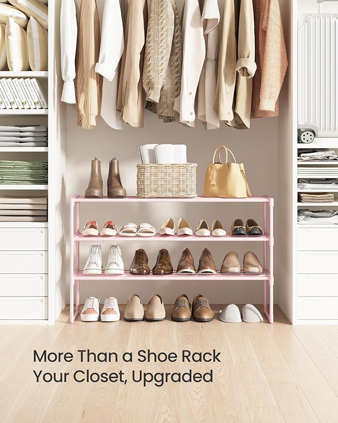 SONGMICS Shoe Rack, 3-Tier Shoe Organizer, Metal Storage Shelf, Upright or Upside Down, for 16-20 Pairs, Stackable, for Entry