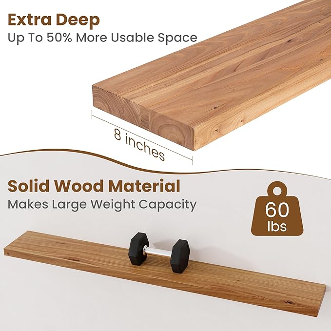 Floating Shelves for Wall Decor, 8" Deep Rustic Solid Elm Wood Floating Shelves Wall Mounted, Wall Shelves with Invisible Bra