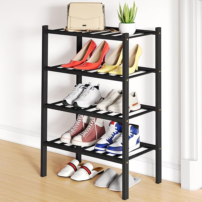 Smiry Shoe Rack, 4 Tier Small Bamboo Shoe Organizer, Stackable Free Standing Wooden Shoe Storage Shelf for Closet, Entryway, 