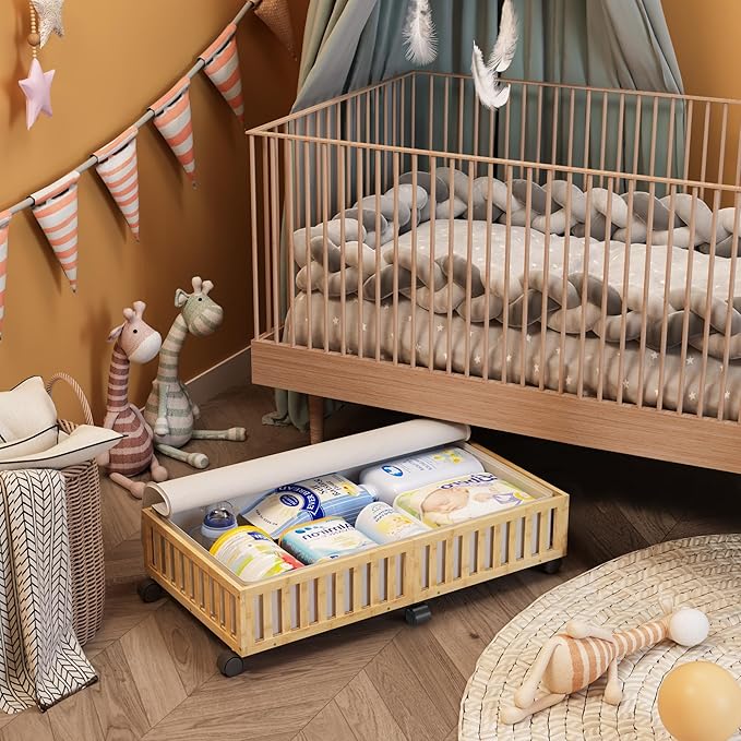 Bamboo Under Bed Storage Containers with Wheels, 2 Pack Large Under the Bed Shoe Storage Bins, Wood Rolling Underbed Drawers 