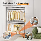 M MZG Heavy Duty Rolling Garment Rack 3 Tiers Adjustable Wire Shelving Clothes Rack with 2 Rods and Side Hooks,Storage Closet