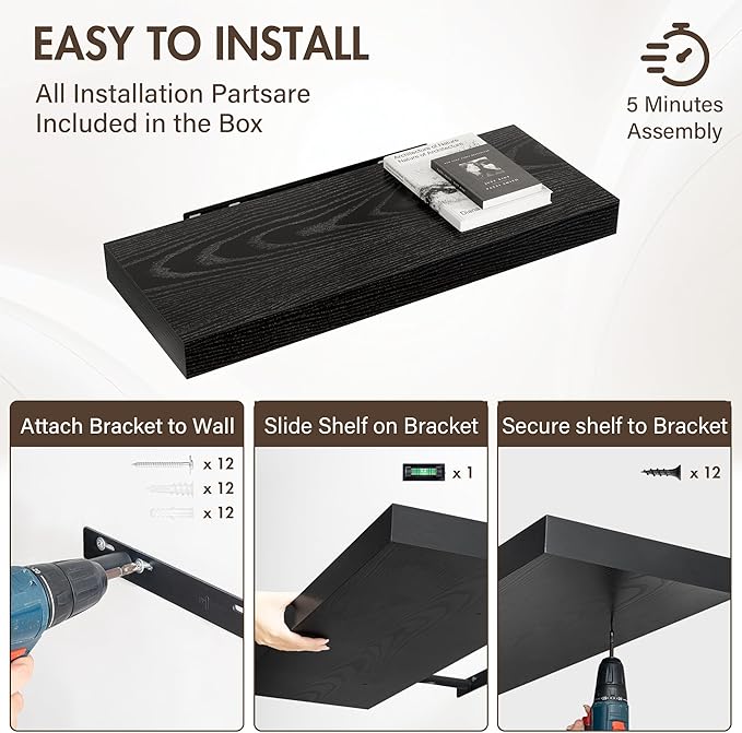 30 Inch Floating Shelves, 12" Deep Floating Shelf Wall Mounted, 30" Wall Shelves, Rustic Deep Bookshelf, Extra Deeper & Thick