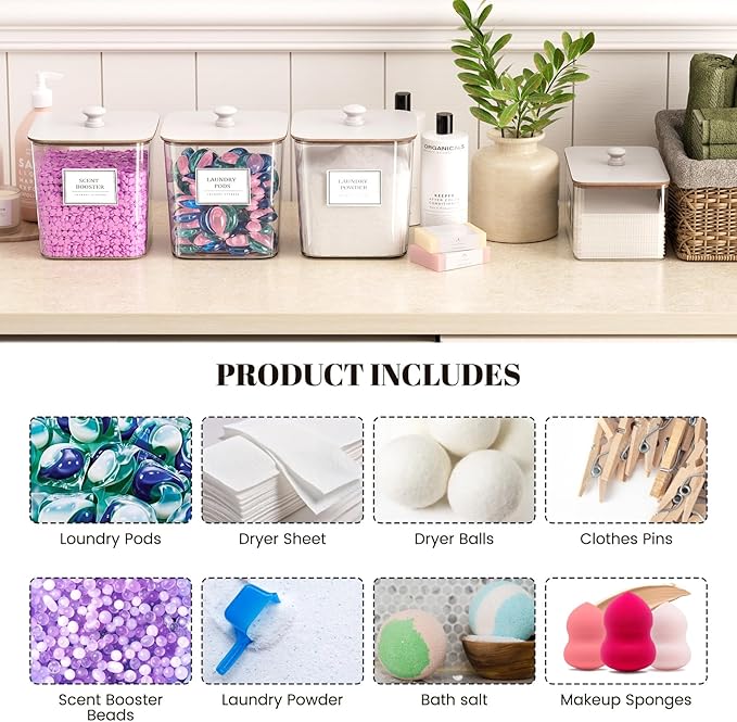 Laundry Pods Storage Container, Clear Laundry Room Organization and Storage,Detergent Powder Container,with Wooden Lids & Lab