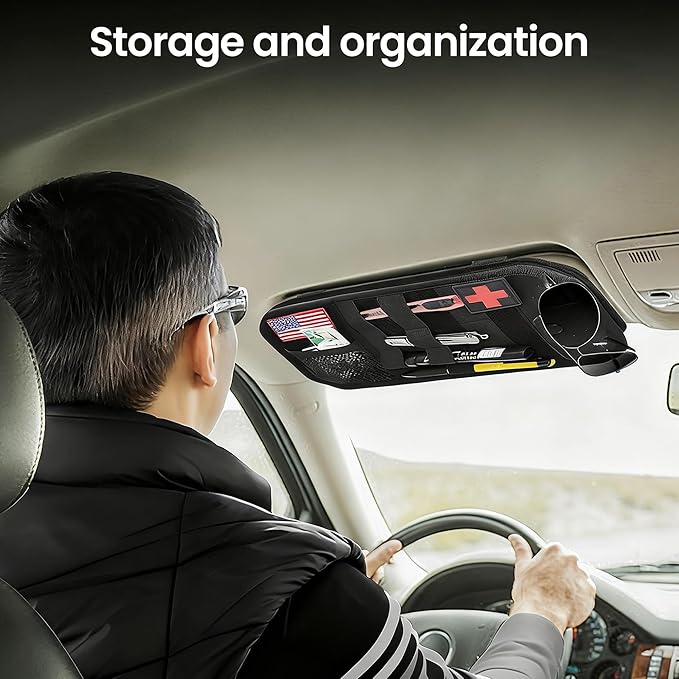Car Sun Visor Organizer with MOLLE Panel and Zipper Storage Pouch Hard PE Board Prevents Sagging Tactical Gear Attachment Includes Sunglasses Holder Clip Fits Most Cars Trucks SUVs and Vans
