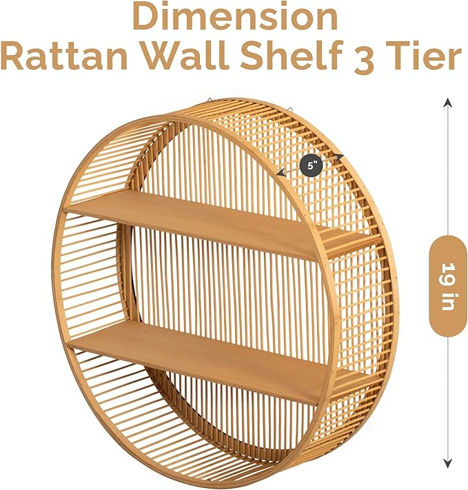 Vintiquewise Round Bamboo Wall Shelf with 2 Wooden Tiers – Natural Hanging Wall Decor and Floating Display Rack Accent for Mo