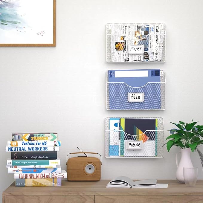 Magazine Rack 3 Pockets Hanging File Organizer Metal Wire Baskets with Tag Slot literature catalogs,mail,letters,charts,broch