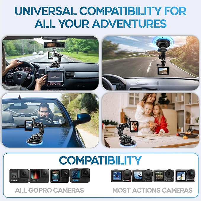 MiPremium Car Suction Cup Mount for GoPro Hero 13 12 11 10 9 8 7 6 5 4 3 3+ 2 Session Black Silver XIAOYI 4K SJCAM Yi Sports Action Camera Dash Cam holder perfect for Boats Vehicle Windshield & Window