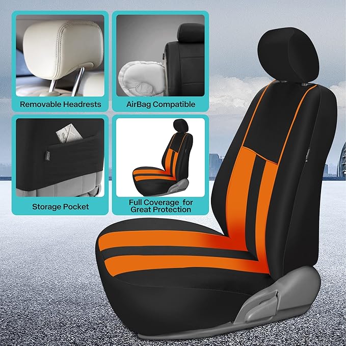 FH Group Orange Polyester Car Seat Covers - Full Set with Front and Rear Seat Cover, Universal Fit, Striking Striped Design, 