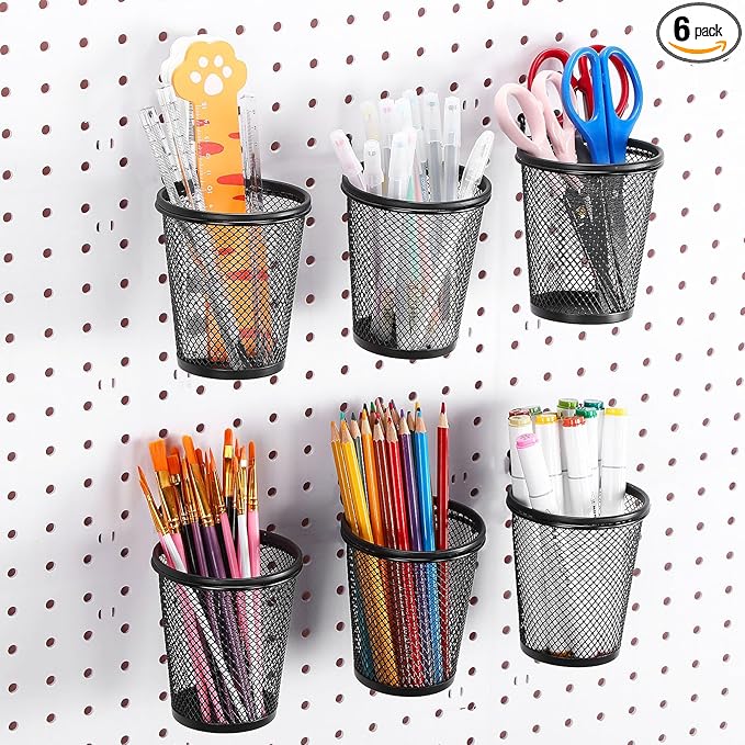 Spakon 6 Sets Pegboard Cups with Ring Hook, Peg Board Baskets Bin Holder Organizer Accessories Pegboard Pencil Cup Multipurpo