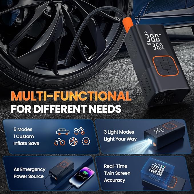 Tire Inflator Portable Air Compressor - 150PSI Air Pump for Car Tires, Portable Air Compressor with Digital Tire Pressure Gauge, Cordless Electric Bike Pump for Inflatables, Motorcycle, Ball