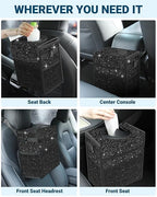 Capolo Car Trash Can with Lid, Leakproof Car Trash Bag Hanging Waterproof Automotive Garbage Can with Storage Pockets Mini Vehicle Trash Bin for Back/Front Seat(Sparkly Black,3 Gallon)