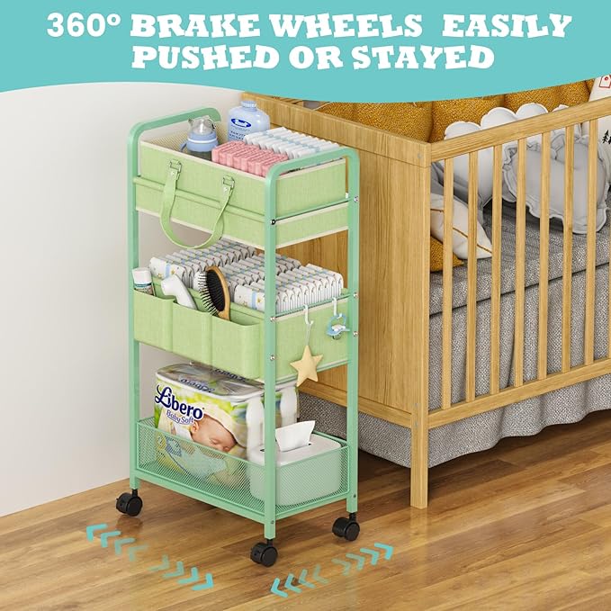 2in1 Baby Diaper Caddy Organizer Cart, 3-Tier Rolling Cart, Metal Diaper Caddy Carts, Bedside Carts for Nursery Essentials St