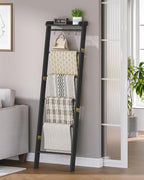 Hzuaneri Blanket Ladder Shelf, Decorative Quilt Rack, 7-Tier Farmhouse Ladder Holder Organizer with 4 Removable Hooks 7.9" D 