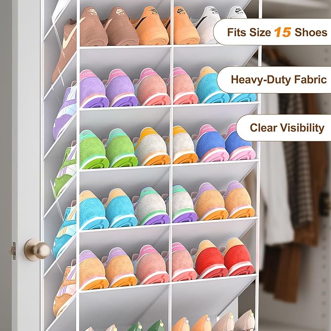 UVIAHOMI 20-30 Pairs Over the Door Shoe Organizer, Clear Pockets Hanging Shoe Storage for Closet, 10-Tier Door Shoes Rack, Ha