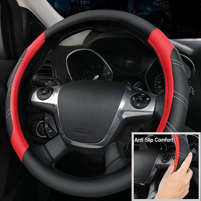 CAR PASS Leather Steering Wheel Cover and Waterproof Car Floor Mats,Microfiber Universal Car Combo Fit for 95% Sedan,SUV,Cars