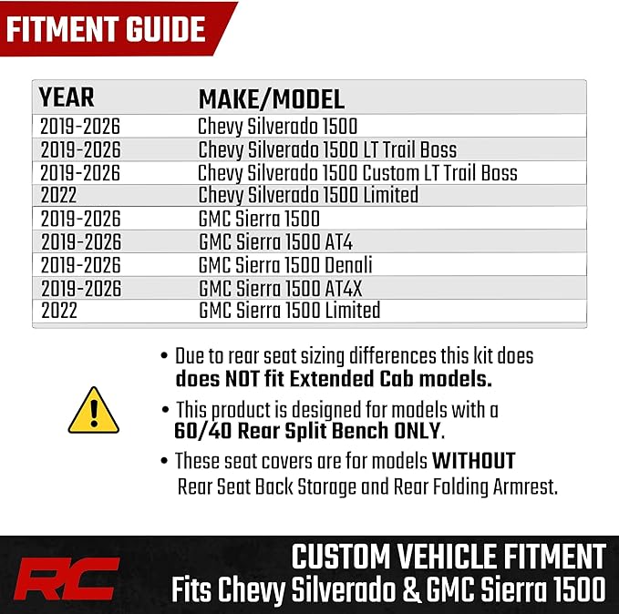 Rough Country Leather Seat Covers for Chevy Silverado 1500 & GMC Sierra 1500 Crew Cab (2019–2026) – Front Buckets & 60/40 Rea