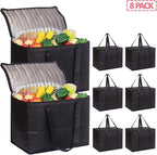 Set of 8 Large Insulated Reusable Grocery Bags with Sturdy Zipper and Handles, Foldable Washable Heavy Duty Cooler Totes for Hot or Cold Food Delivery, Groceries, Travel, Shopping