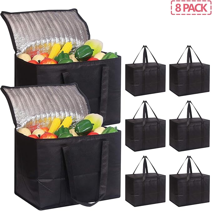 Set of 8 Large Insulated Reusable Grocery Bags with Sturdy Zipper and Handles, Foldable Washable Heavy Duty Cooler Totes for Hot or Cold Food Delivery, Groceries, Travel, Shopping
