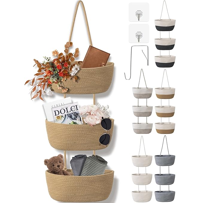 3 Tier Wall Mounted Woven Hanging Basket, Over the Door Hanging Basket with Hooks, Decorative Storage Hanging Closet Removabl