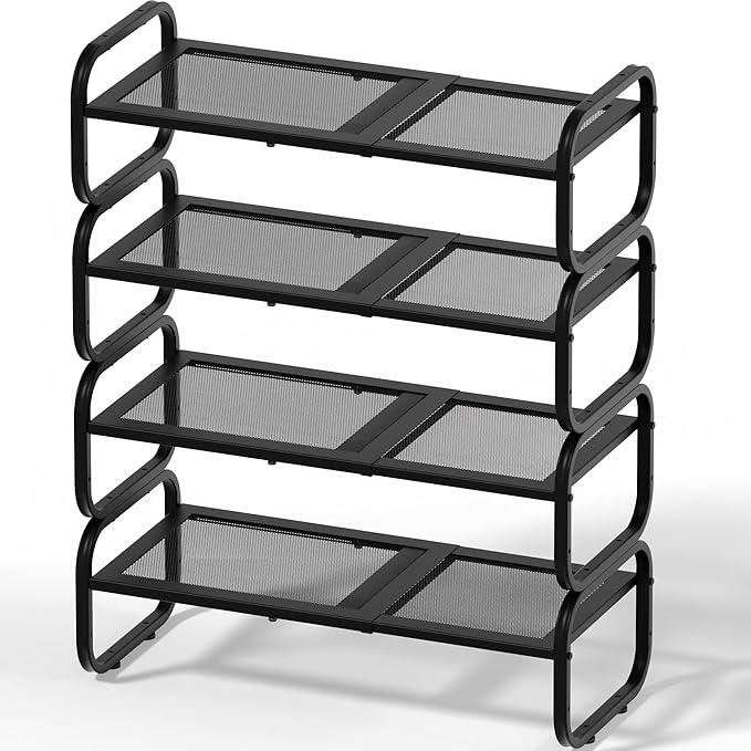 4Tier Shoe Rack - Expandable Shoe Organizer for Closet, Adjustable Metal Shoe Shelf Storage, Stackable Long Shoe Stand Holder