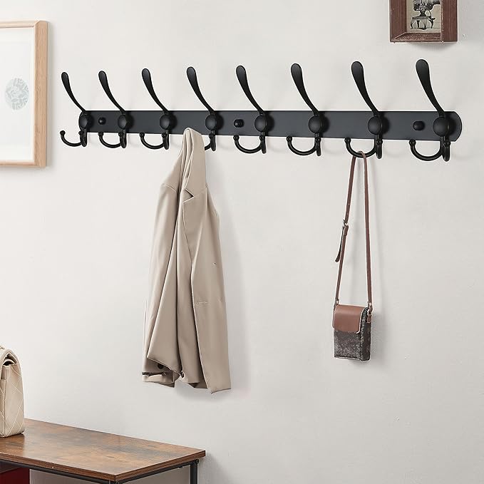Dseap Coat Rack Wall Mount - 29.5” Long 8-Tri-Hooks Heavy Duty Coat Hanger Rail Wall Hooks for Hanging Coats Hats Clothing Cl