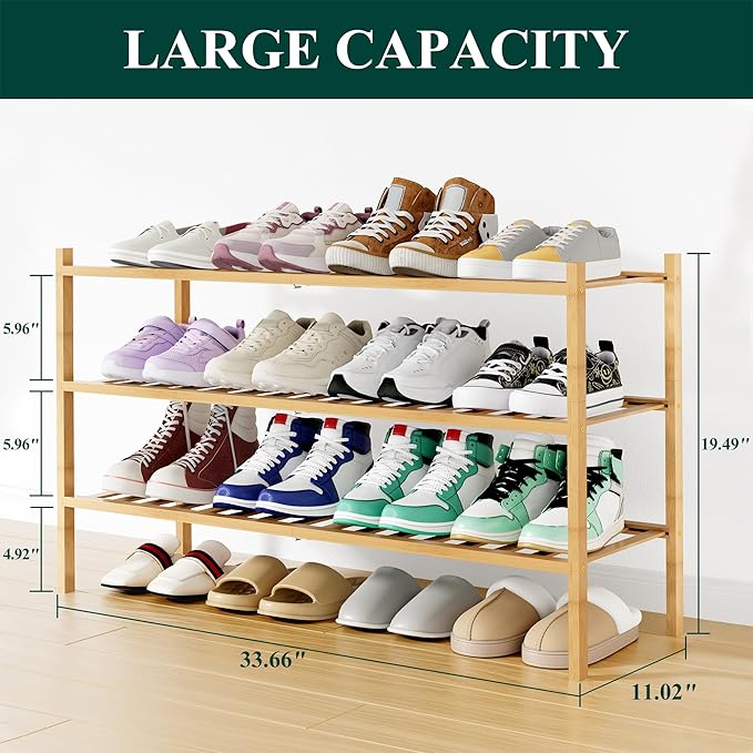 Smiry Shoe Rack, 3 Tier Long Bamboo Shoe Organizer, Stackable Free Standing Wooden Shoe Storage Shelf for Closet, Entryway, F