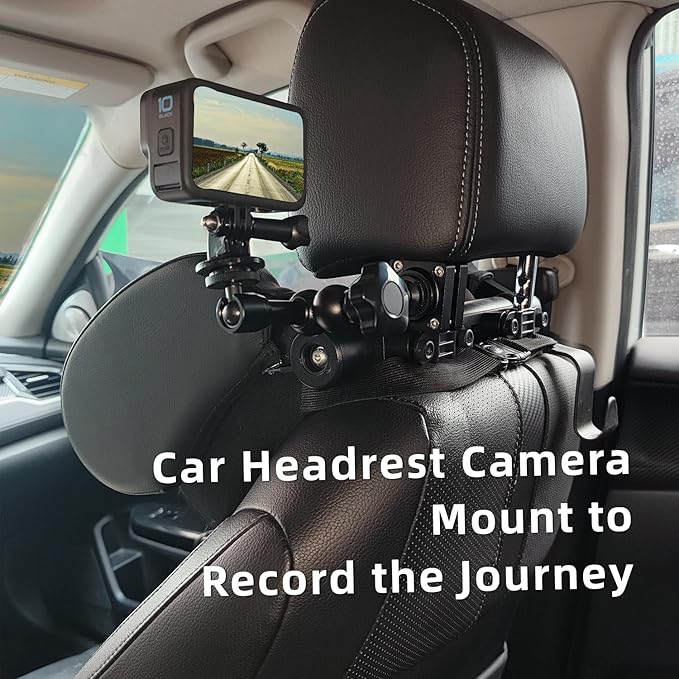 Car Headrest Camera Mount for GoPro/Insta 360/DJI OSMO/AKASO/Video/DSLR, 1.57 inch Diameter Base 10 inch Length Magic Arm, Aluminum Alloy Adjustable Camera Holder, Black