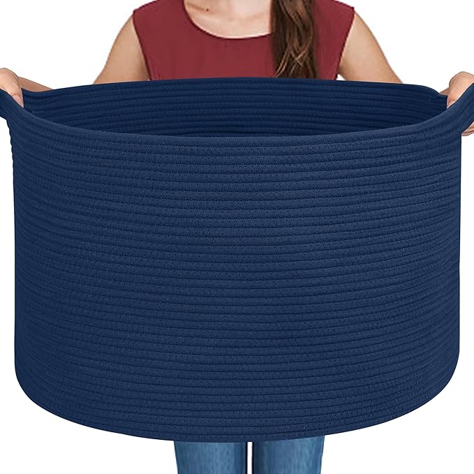 MEGASKET Dark Blue Basket for Organizing, 22" x 14" Extra Large Woven Cotton Rope Laundry Basket, Blanket Storage for Living 