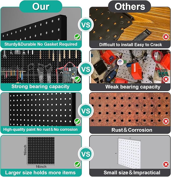 Pegboard, 4 PCS 16”×16” Large Heavy Duty Metal Pegboard Panels with Frame Black Peg Board Display Peg Boards for Walls, Displ