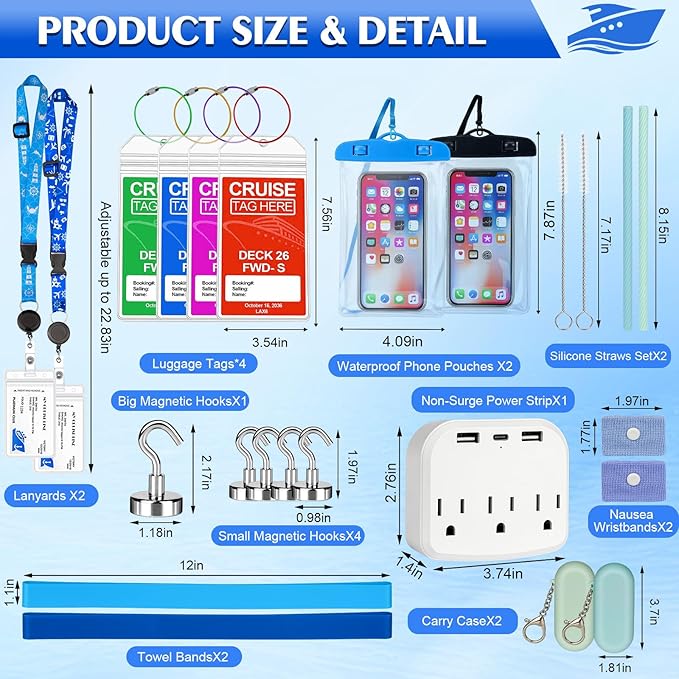Cruise Essentials 2026-22 Pcs Cruise Must Haves Kit with Cruise-Safe Non-Surge Power Strip, Magnetic Hooks, Luggage Tags, Lan