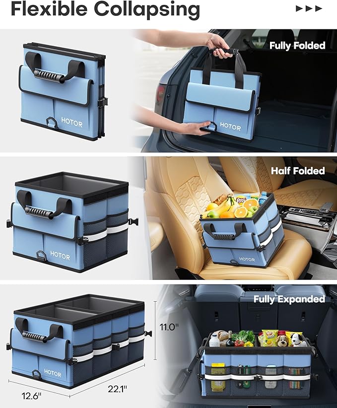 HOTOR Car Trunk Organizer - Foldable Trunk Organizer for SUV, Car Storage with Reflective Strips Securing Cover, Large Capacity