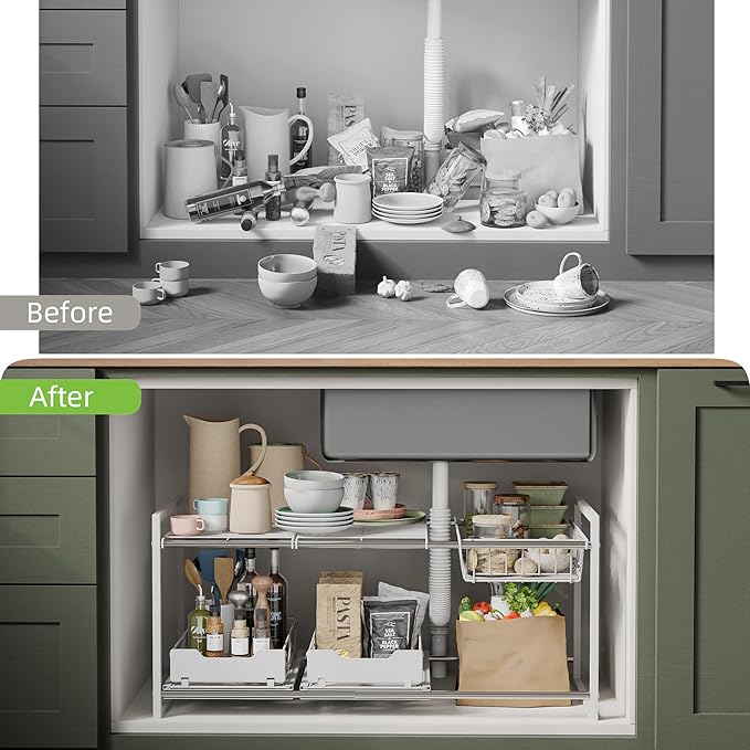 NETEL Under Sink Organizers and Storage,Kitchen Cabinet Organizer,2 Tier Under Sink Expandable Shelves，Bathroom Cabinet Organ