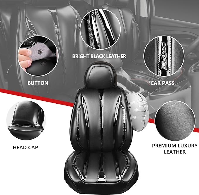 CAR PASS Ultra+ Nappa Patent Leather Car Seat Covers Full Set Universal Cushioned,Soft Breathable Waterproof Anti-Slip Driver