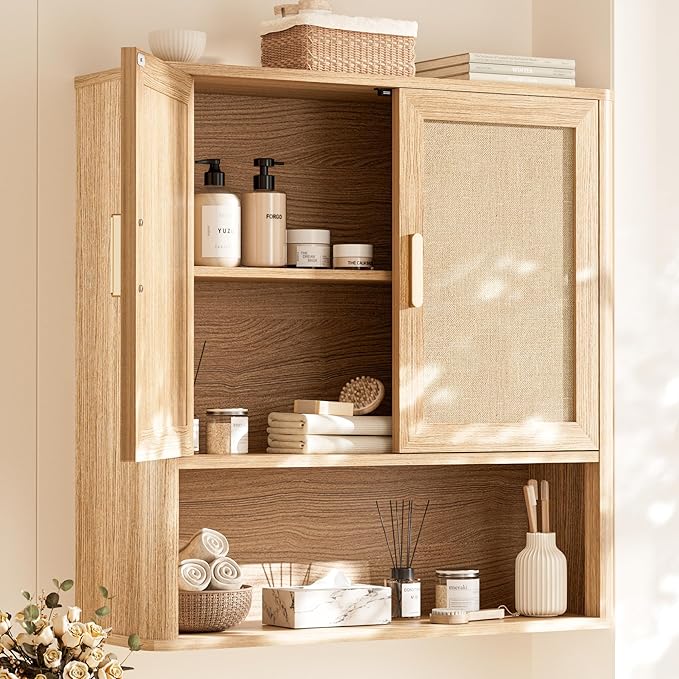 INNOD Rattan Bathroom Wall Cabinet with Open Compartments, Wall-Mounted Medicine Cabinet with Adjustable Wood Shelf & Doors, 