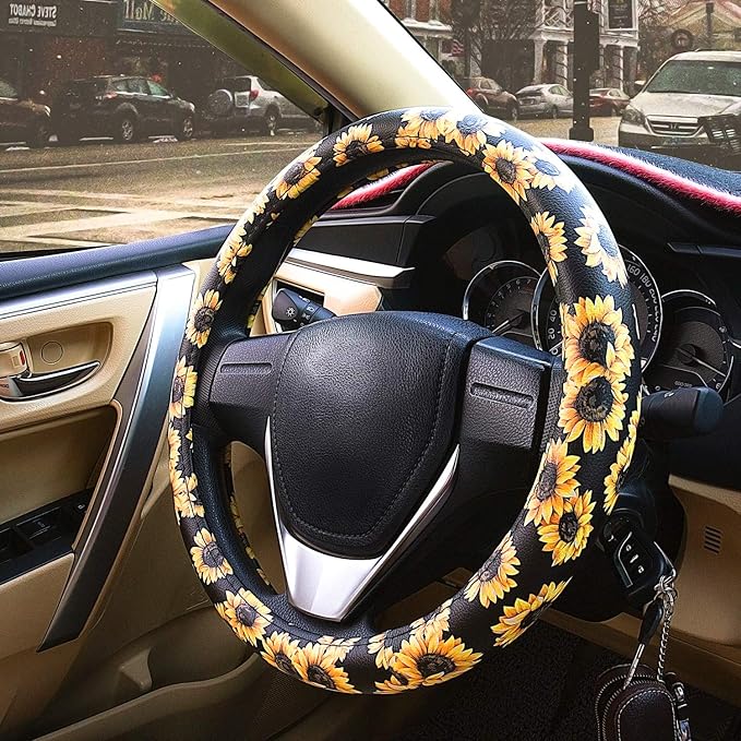 Evankin Sunflower Steering Wheel Cover Cute and Handmade,Leather Universal Steering Wheel Cover 15 inch, Fashionable Boho Sun
